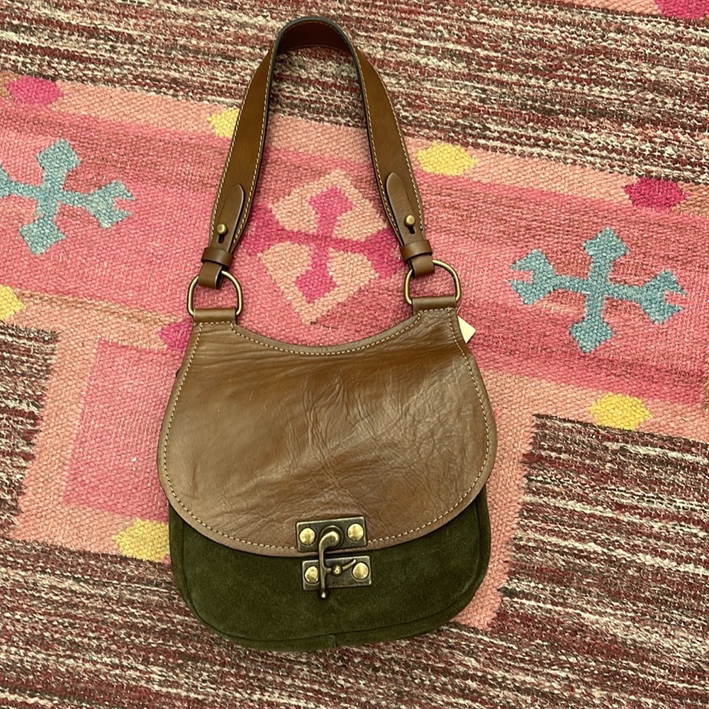 Sundance small olive suede and brown leather saddle bag. New with tags.